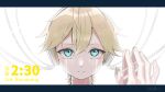  1boy absurdres aqua_eyes blonde_hair blue_eyes closed_mouth crying crying_with_eyes_open fingernails hair_between_eyes hand_up highres kagamine_len long_fingernails looking_at_viewer nail_polish short_hair smile solo song_name syiga tears vocaloid white_background yomei_2:30_(vocaloid) 