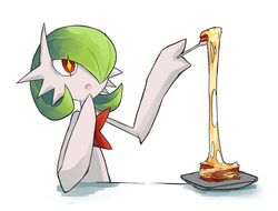  bob_cut cheese cheese_trail colored_skin dmt_(auburn) dress food gardevoir green_hair hair_over_one_eye mega_gardevoir mega_pokemon open_mouth plate pokemon pokemon_(creature) simple_background sparkling_eyes white_background white_dress white_skin 