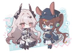  2girls :o amiya_(arknights) amiya_(newsgirl)_(arknights) animal_ears anklet arknights bag black_hat black_horns black_socks blue_eyes border chibi closed_mouth clothes_writing commentary_request dalrye_v3 dot_nose dress eyes_visible_through_hair flat_cap flower_(symbol) full_body grey_hair hair_between_eyes hair_intakes hat headphones heart holding holding_newspaper horns jacket jewelry kneehighs korean_commentary long_dress long_hair long_sleeves multiple_girls newspaper official_alternate_costume open_clothes open_jacket outside_border parted_lips pink_eyes puffy_long_sleeves puffy_sleeves rabbit_ears rabbit_girl shoulder_bag smile socks standing star_(symbol) theresa_(arknights) very_long_hair white_border white_dress 