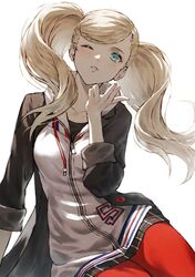  1girl aqua_eyes arm_support black_jacket blonde_hair blowing_kiss fagi_(kakikaki) hair_ornament hairclip jacket looking_at_viewer pantyhose parted_lips persona persona_5 red_pantyhose simple_background sitting solo takamaki_anne track_jacket twintails white_background 