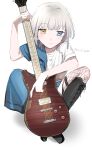  1girl a_shi_kake bang_dream! bang_dream!_it&#039;s_mygo!!!!! black_footwear blue_dress blue_eyes boots closed_mouth commentary_request dress electric_guitar fishnet_thighhighs fishnets guitar heterochromia highres holding holding_guitar holding_instrument instrument kaname_raana knee_boots medium_hair shirt short_sleeves simple_background smile solo thigh-highs white_background white_hair white_shirt yellow_eyes 