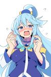  1girl aqua_(konosuba) blue_eyes blue_gemstone blue_hair blue_shirt blush blush_stickers breasts bright_pupils commentary detached_sleeves flying_sweatdrops gem hair_between_eyes hair_bobbles hair_ornament hair_rings hands_up highres kono_subarashii_sekai_ni_shukufuku_wo! large_breasts long_hair long_sleeves looking_at_viewer nose_blush noyama_takenoko open_mouth panicking shirt sidelocks simple_background sleeveless sleeveless_shirt solo tearing_up tears upper_body very_long_hair wavy_mouth white_background wide_sleeves 