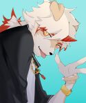  1boy arknights axianorange black_jacket blue_background chain_necklace chinese_commentary colored_tips commentary furry furry_male highres horns hung_(arknights) jacket jewelry komainu_boy komainu_ears male_focus multicolored_hair necklace orange_eyes ponytail shirt single_horn smile tongue tongue_out v white_shirt 