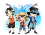  3boys ^_^ aged_down arm_up ascot bandaid bandaid_on_face black_hair blonde_hair blue_coat blue_shorts boots child clenched_hand closed_eyes clouds coat commentary_request elbow_pads freckles goggles goggles_on_headwear hat highres holding male_focus monkey_d._luffy multiple_boys one_piece orange_tank_top portgas_d._ace red_tank_top sabo_(one_piece) sakuraryu_op scar scar_on_face short_hair shorts single_elbow_pad sky smile straw_hat tank_top top_hat white_ascot 