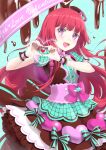  1girl :d blunt_bangs blush bow chocolate commentary_request cowboy_shot dress frilled_dress frills hands_up hat heart heart_hands hojo_sophy long_hair looking_at_viewer mini_hat mint_chocolate open_mouth pretty_series pripara puffy_short_sleeves puffy_sleeves redhead short_sleeves smile solo unya_(unya-unya) valentine very_long_hair violet_eyes wrist_cuffs 
