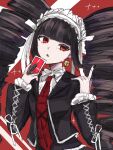  1girl :o black_hair black_jacket black_nails blunt_bangs card celestia_ludenberg collared_shirt danganronpa:_trigger_happy_havoc danganronpa_(series) drill_hair earrings hands_up highres holding holding_card jacket jewelry long_hair nail_polish necktie open_clothes open_jacket print_necktie red_background red_eyes red_necktie shirt solo twin_drills twintails upper_body white_background white_shirt zui_nianshao 