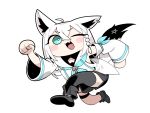  1girl :3 :d absurdres ahoge animal_ear_fluff animal_ears aqua_eyes aqua_neckerchief black_thighhighs blush braid chibi clenched_hands cocomayo29_(tomato) commentary_request crossed_bangs detached_sleeves fang fox_ears fox_girl fox_tail full_body hair_between_eyes highres hololive korean_commentary long_hair long_sleeves looking_at_viewer neckerchief one_eye_closed shirakami_fubuki shirakami_fubuki_(1st_costume) side_braid simple_background single_thighhigh smile solo tail thigh-highs virtual_youtuber white_background white_hair 