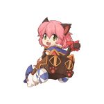  1girl :3 animal_ears blue_capelet bow capelet cat_ears cat_girl cat_tail chibi fang from_behind full_body furry furry_female green_eyes hair_between_eyes looking_at_viewer looking_back medium_bangs mouse official_art open_mouth paw_print pink_hair pullcart ragnarok_online red_bow riding short_hair simple_background slit_pupils smile solo summoner_(ragnarok_online) tail tail_bow tail_ornament tarou_(ragnarok_online) transparent_background yuichirou 