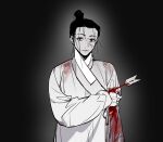  1boy a-junk arrow_(projectile) bandages black_hair blood blood_on_clothes blood_on_face chinese_clothes closed_mouth grey_background hair_bun hair_pulled_back hanfu highres holding injury jiaoling_ruqun long_sleeves looking_at_viewer male_focus red_eyes simple_background single_hair_bun solo topknot wide_sleeves 