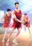  3boys ball basketball_(object) basketball_court basketball_jersey basketball_uniform black_eyes black_hair eg_(eastg111) full_body glasses highres holding holding_ball indoors kogure_kiminobu male_focus multiple_boys red_shorts red_tank_top redhead sakuragi_hanamichi short_hair shorts slam_dunk_(series) sportswear sweat tank_top yasuda_yasuharu 