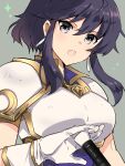  1girl :o armor black_eyes breastplate commentary_request earrings fire_emblem fire_emblem:_genealogy_of_the_holy_war gloves gold_trim grey_background jewelry larcei_(fire_emblem) looking_at_viewer ootani_mikoto pauldrons short_hair_with_long_locks shoulder_armor sidelocks simple_background solo sword weapon white_armor white_gloves 