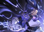  1girl artist_name ascot black_hair blue_hair breasts clorinde_(genshin_impact) corset electricity genshin_impact gloves hat highres holding holding_sword holding_weapon jewelry long_hair looking_at_viewer medium_breasts shirt so_zei_tama_tama solo sword tricorne upper_body very_long_hair violet_eyes vision_(genshin_impact) weapon white_gloves white_shirt 