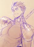  1boy armor bad_id bad_pixiv_id cu_chulainn_(fate) cu_chulainn_(fate/stay_night) earrings fate/stay_night fate_(series) gae_bolg_(fate) hair_slicked_back jewelry male_focus pauldrons polearm ponytail shoulder_armor smile solo taa_(acid) traditional_media weapon 