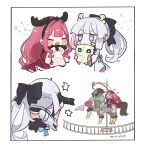  2girls absurdres baobhan_sith_(fate) baobhan_sith_(first_ascension)_(fate) black_dress blue_eyes blush camera carousel cernunnos_(fate) chibi closed_eyes con_(fate) dress fake_horns fate/grand_order fate_(series) hair_ornament hair_ribbon highres holding holding_camera horns horse long_hair morgan_le_fay_(fate) mother_and_daughter multiple_girls multiple_views open_mouth pink_hair pointy_ears ponytail red_dress red_hare_(fate) ribbon shigure_(ffrh7824) sidelocks smile stuffed_toy white_background white_hair 