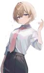  1girl absurdres arm_up black_skirt blonde_hair breasts closed_mouth highres looking_at_viewer medium_breasts necktie nyanyasamu original red_necktie school_uniform shirt short_hair short_sleeves skirt solo sparkle_background uniform violet_eyes white_background white_shirt 