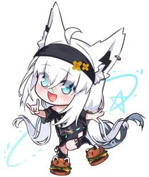  1girl :d absurdly_long_hair ahoge animal_ear_fluff animal_ears aqua_eyes black_hairband black_shirt black_socks black_t-shirt burger chibi chibi_only commentary earrings eyes_visible_through_hair food fox_ears fox_girl fox_shadow_puppet fox_tail full_body hair_between_eyes hairband highres hololive jewelry leg_up long_hair looking_at_viewer low_twintails off_shoulder official_alternate_costume open_mouth pentagram shirakami_fubuki shirakami_fubuki_(loungewear) shirt short_sleeves side-tie_shirt sidelocks single_earring slippers smile socks solo t-shirt ta_shiuji30 tail twintails very_long_hair virtual_youtuber 