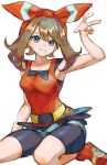  1girl absurdres asatte_3z bare_shoulders bike_shorts black_shorts blue_eyes bow brown_hair hair_bow highres looking_at_viewer may_(pokemon) pokemon pokemon_oras red_bow red_footwear seiza shirt shoes shorts sitting sleeveless sleeveless_shirt smile solo teeth white_background 