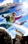  2boys aircraft alejandro_sanchez artist_logo artist_name black_bodysuit blue_sky bodysuit brown_gloves brown_hair clenched_hand collaboration comic_cover cover_image day dc_comics flying gloves green_bodysuit green_lantern green_lantern_(series) green_mask grin highres multiple_boys official_art outdoors pilot pilot_helmet salute sampere_art short_hair sky smile thumbs_up two-finger_salute two-tone_bodysuit watch watch western_comics_(style) white_gloves 