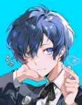  1boy absurdres bibi_booom black_jacket blue_background blue_eyes blue_hair blush closed_mouth collared_shirt gekkoukan_high_school_uniform hair_between_eyes hand_on_own_cheek hand_on_own_face heart highres jacket long_sleeves looking_at_viewer male_focus musical_note neck_ribbon persona persona_3 ribbon school_uniform shirt simple_background solo sparkle upper_body white_shirt 