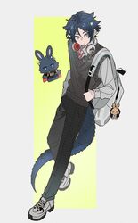  1boy arknights backpack bag black_pants blue_eyes blue_hair border choshanland_plushy_(arknights) collared_shirt commentary denim full_body grey_background grey_vest headphones headphones_around_neck highres jeans looking_at_viewer male_focus necktie pants pointy_ears red_necktie shirt shoes snake_tail sneakers solo striped_necktie tail vest white_bag white_footwear white_necktie white_shirt xian_meng_huanyou_ji yellow_background zuo_le_(arknights) 