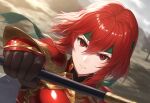  ai-generated ai-generated_art_(topic) aiming aiming_at_viewer armor axe battle_axe blurry close-up depth_of_field dutch_angle gauntlets green_headband hair_between_eyes hand_up headband holding holding_axe holding_weapon landscape minerva_(fire_emblem) non-web_source red_armor red_eyes redhead serious short_hair weapon 