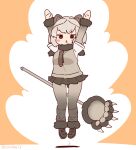  1girl animal_ears arms_up bear_ears bear_girl bear_tail brown_background cardigan coroha extra_ears full_body grey_hair grizzly_bear_(kemono_friends) jumping kemono_friends looking_at_viewer necktie pantyhose scarf shirt shoes short_hair simple_background skirt socks solo tail weapon 