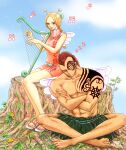  1boy 1girl antenna_hair arm_tattoo barefoot blonde_hair braid brown_eyes chest_tattoo conis_(one_piece) crossed_arms crossed_legs day dress earrings facial_tattoo grass_skirt harp high_collar instrument jewelry long_hair looking_at_viewer muscular muscular_male music musical_note one_piece outdoors pink_dress playing_instrument redhead sandals shina_(ooo417ooo) shoulder_tattoo sitting sleeping smile tattoo tree_stump twin_braids white_wings wings wyper_(one_piece) zzz 