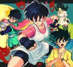  1girl absurdres bike_shorts black_gloves black_hair blue_eyes boots breasts cape clapping closed_mouth commentary dragon_ball dragon_ball_z fighting_stance fingerless_gloves gloves great_saiyaman_2 happy helmet highres holding holding_helmet kornart looking_at_viewer multiple_views open_mouth pink_cape shirt short_hair short_twintails smile superhero_costume twintails videl watch watch white_gloves white_shirt 