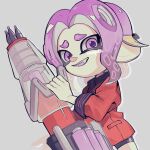  1girl bike_shorts black_shorts commentary furrowed_brow grey_background gun heavy_edit_splatling_(splatoon) highres holding holding_gun holding_weapon jacket looking_at_viewer medium_hair nupi_(nu_55) octoling octoling_girl octoling_player_character open_mouth purple_hair red_jacket sample_watermark shorts simple_background smile solo splatoon_(series) splatoon_3 symbol-only_commentary teeth tentacle_hair thick_eyebrows violet_eyes watermark weapon 