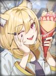  1girl animal_ears arknights blonde_hair blurry blurry_background fake_animal_ears food holding holding_food jacket long_sleeves looking_at_viewer memetaroh one_eye_closed open_clothes open_jacket open_mouth puffy_long_sleeves puffy_sleeves smile solo upper_body utage_(arknights) violet_eyes white_jacket 