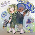  1boy 1girl afro back-to-back blue_hair bow_(weapon) closed_mouth commentary_request dark-skinned_male dark_skin food full_body green_hair green_kimono gun haori highres holding holding_bow_(weapon) holding_gun holding_weapon ice_cream japanese_clothes kimono long_hair multicolored_background octoling octoling_boy octoling_girl octoling_player_character rapid_blaster_(splatoon) reef-lux_450_(splatoon) rongyu1029 sandals short_hair socks splatoon_(series) splatoon_3 standing tentacle_hair torpedo_(splatoon) weapon white_socks yellow_eyes zouri 