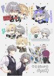  2boys 4girls absurdres armor aventurine_(honkai:_star_rail) black_coat black_gloves black_hairband black_jacket blonde_hair bow bowtie caelus_(honkai:_star_rail) chibi coat collared_shirt cropped_jacket drill_hair drill_ponytail eyewear_on_head firefly_(honkai:_star_rail) gloves green_shirt grey_eyes grey_hair hair_between_eyes hair_ornament hairband helmet highres honkai:_star_rail honkai_(series) jacket kafka_(honkai:_star_rail) long_sleeves mm_(motot) multiple_boys multiple_girls open_mouth pajamas phone purple-tinted_eyewear purple_gloves purple_hair sam_(honkai:_star_rail) shirt silver_wolf_(honkai:_star_rail) smile stelle_(honkai:_star_rail) tears tinted_eyewear trailblazer_(honkai:_star_rail) two-tone_eyes v vest yellow_eyes 