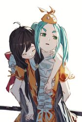  2girls absurdres ahoge aqua_hair araragi_tsukihi arms_around_neck averting_eyes black_pants carrying carrying_person closed_eyes closed_mouth cokei commentary dress expressionless googly_eyes hair_over_shoulder hat head_on_another&#039;s_shoulder head_rest heads_together highres hug hug_from_behind jacket long_hair looking_to_the_side monogatari_(series) multiple_girls ononoki_yotsugi orange_dress orange_hat orokamonogatari pants parted_bangs parted_lips piggyback puffy_short_sleeves puffy_sleeves raised_eyebrows red_jacket short_sleeves sidelocks simple_background sketch smile swept_bangs thick_eyebrows twintails two-tone_dress white_background white_dress 