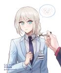  2girls ak-12_(girls&#039;_frontline) ak-12_(lucia)_(girls&#039;_frontline) an-94_(antje)_(girls&#039;_frontline) an-94_(girls&#039;_frontline) arianaleonardo blonde_hair blue_eyes blue_necktie blue_suit chinese_commentary closed_mouth collared_shirt commentary_request dated girls_frontline highres long_hair long_sleeves multiple_girls necktie official_alternate_costume out_of_frame ponytail shirt simple_background spoken_blush suit unworn_eyewear upper_body white_background white_shirt 
