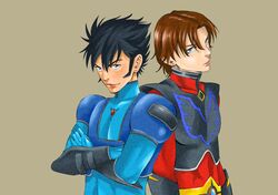  2boys black_hair blue_eyes bodysuit brown_hair closed_mouth duke_fleed gloves grendizer_u grey_eyes kabuto_kouji looking_at_viewer mazinger_(series) multiple_boys official_art pilot_suit short_hair sideburns smile ufo_robo_grendizer 