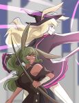  2girls animal_ears arm_wrap black_dress blonde_hair blurry blurry_background bow_(weapon) breasts castle clothing_cutout commentary cowboy_shot dark-skinned_female dark_skin dress ears_through_headwear english_commentary floating_hair green_hair grin hat high_ponytail highres holding holding_bow_(weapon) holding_weapon long_hair long_sleeves looking_afar looking_to_the_side magic medium_breasts multiple_girls namelessakikaze pink_eyes rabbit_and_steel rabbit_ears rabbit_girl shoulder_cutout smile sniper_rabbit tan weapon witch_hat wizard_rabbit 