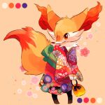  animal_ears braixen clothed_pokemon color_guide commentary_request full_body holding japanese_clothes kimono looking_at_viewer no_humans orange_background orange_eyes pokemon pokemon_(creature) pokemon_focus red_eyes ribbon satan_(zoroa553) smile solo standing wide_sleeves 