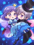  1boy 1girl black_cape black_hat black_suit blue_background blue_dress blue_footwear blush cape carrying closed_mouth crown dress earrings fairy_wings full_body hat highres ikzw jewelry looking_at_another open_mouth pointy_ears princess_carry purple_hair purple_wings rilu_rilu_fairilu shoes short_hair smile standing star_(symbol) statice_(fairilu) suit sumire_(fairilu) top_hat violet_eyes wings 