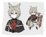  1boy animal_ear_fluff animal_ears arknights ascot bassline_(arknights) belt black_cape black_footwear black_shirt border cape chibi closed_mouth commentary_request cropped_torso dated frown grey_background grey_hair grey_shorts highres instrument looking_at_viewer male_focus multiple_belts multiple_views olu999 open_mouth red_ascot red_eyes shirt short_hair shorts simple_background tail trombone twitter_username wolf_boy wolf_ears wolf_tail 