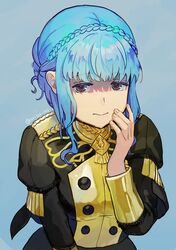  1girl aoisu_ao blue_hair braid brown_eyes buttons closed_mouth crown_braid fire_emblem fire_emblem:_three_houses frown garreg_mach_monastery_uniform marianne_von_edmund medium_hair shaded_face solo 