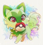  animal_focus artist_name brown_eyes cat fang green_fur looking_down mouth_hold no_humans pink_eyes poke_ball poke_ball_(basic) pokemon pokemon_(creature) puffygator smile solo sprigatito two-tone_fur 