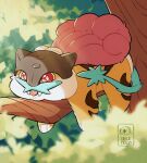 animal_focus blurry chibi commentary day depth_of_field english_commentary fangs fangs_out highres in_tree logo looking_at_viewer lying nature no_humans on_stomach pokemon pokemon_(creature) raikou red_eyes solo teletelo tongue tongue_out tree 