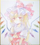  1girl ascot bat_wings blonde_hair crystal flandre_scarlet hat hat_ribbon hiyuu_(hiyualice) mob_cap multicolored_wings one_side_up puffy_short_sleeves puffy_sleeves red_eyes red_skirt red_vest ribbon short_sleeves side_ponytail skirt skirt_set solo touhou traditional_media vest white_hat wings yellow_ascot 
