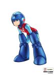  1boy absurdres android artist_request bent_over blue_eyes blue_footwear blue_helmet boots full_body hands_on_own_knees helmet highres male_focus mega_man_(character) mega_man_(classic) mega_man_(series) mega_man_day official_art red_shirt second-party_source shirt simple_background solo sportswear volleyball_uniform white_background 