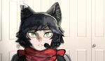  1girl animal_ears black_hair cat_ears cat_girl commentary dungeon_meshi english_commentary headset highres indoors izutsumi light_frown looking_at_viewer meme parody red_scarf sad_linus_(meme) scarf short_hair sitting solo straight-on upper_body yellow_eyes zela_kantal 