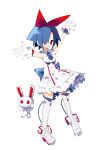  1girl absurdres blue_hair boots bow commentary disgaea dress gloves hair_bow hair_over_one_eye highres nanozenzen open_mouth pleinair rabbit red_bow red_eyes smile solo thigh-highs usagi-san white_gloves 