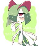  bags_under_eyes brushing_teeth colored_skin green_background green_hair hair_over_one_eye highres horns ino_(tellu0120) kirlia multicolored_skin pink_eyes pokemon pokemon_(creature) sidelocks simple_background two-tone_skin white_skin 