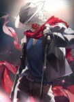  1boy bishounen blue_eyes closed_mouth coat cowboy_hat dante_(devil_may_cry) devil_may_cry_(series) devil_may_cry_5 fingerless_gloves flower flower_in_mouth gloves hat highres holding long_hair looking_at_viewer male_focus mouth_hold red_flower red_rose rose shigu_dmc shirt smile solo upper_body white_hair 