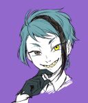  1boy cropped_shoulders earrings evil_grin evil_smile eyelashes gloves grey_eyes grin jade_leech jewelry looking_at_viewer male_focus multicolored_hair nostrils purple_background short_hair smile solo streaked_hair twisted_wonderland ukata yellow_eyes 