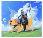  absurdres aircraft airship animal animal_ears armor bedroll blue_sky bracer clouds cloudy_sky faulds gemi_ningen grass hamster helmet highres holding holding_polearm holding_weapon knight ladder lance lantern long_hair mouse_ears mouse_girl mouse_tail oversized_animal plate_armor polearm ratkin_(rimworld) redhead rimworld sabaton saddle saddlebags skirt sky spear tail weapon 